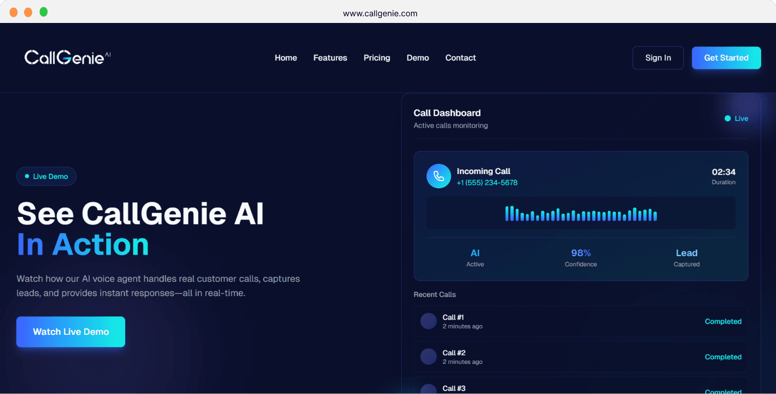 CallGenie live demo section showing a call dashboard with an incoming call, waveform and recent completed calls