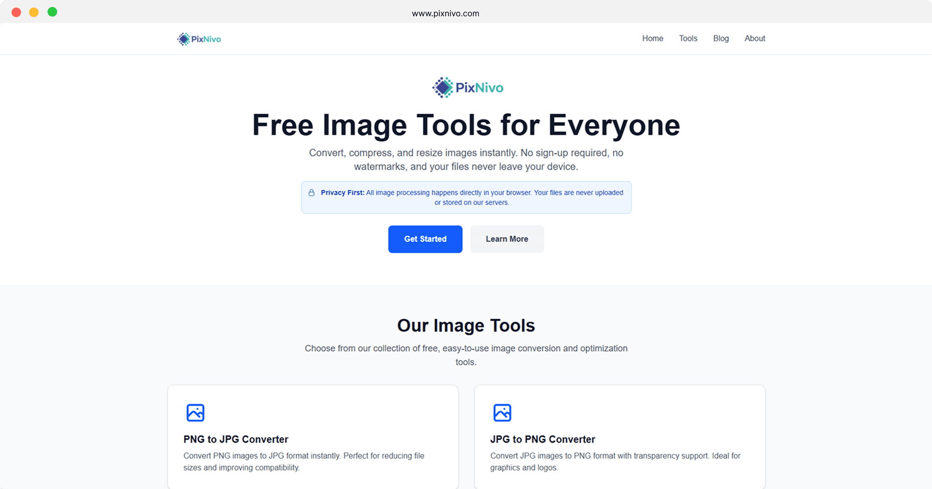 PixNivo home page: 'Free Image Tools for Everyone' with a privacy-first notice that files never leave the device