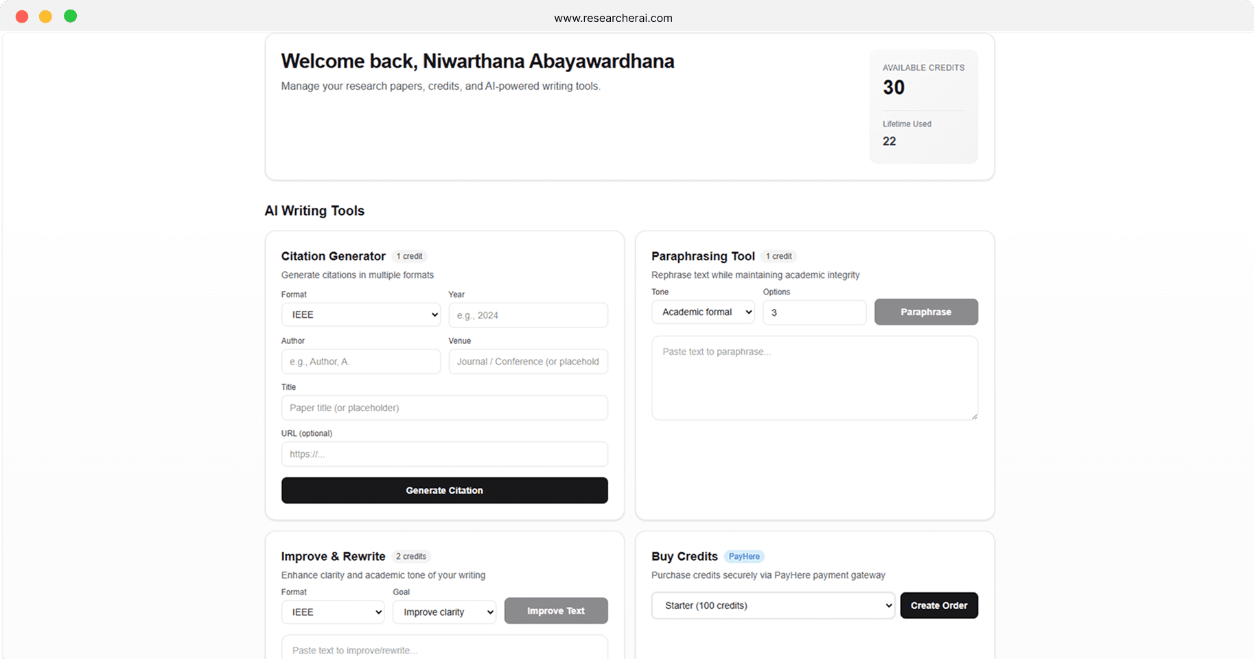ResearcherAI dashboard showing available credits, the citation generator, paraphrasing tool and a PayHere credit purchase panel