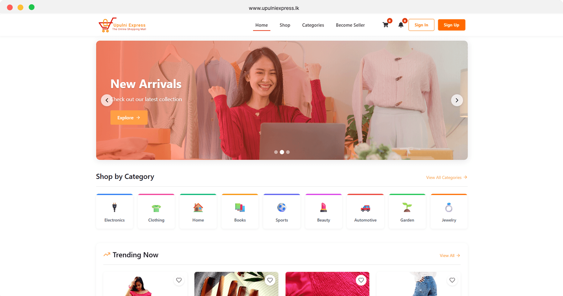 Upulni Express storefront with a new-arrivals banner, shop-by-category tiles and trending products