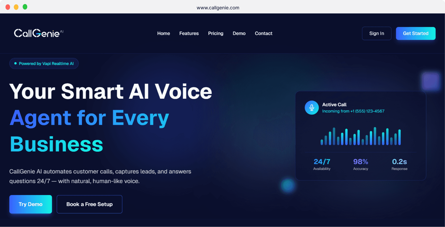 CallGenie landing page with the headline 'Your Smart AI Voice Agent for Every Business' beside an active-call panel