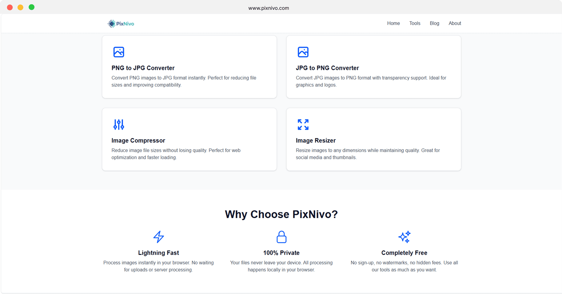 PixNivo tool grid with PNG to JPG, JPG to PNG, image compressor and image resizer, above a 'Why Choose PixNivo' section