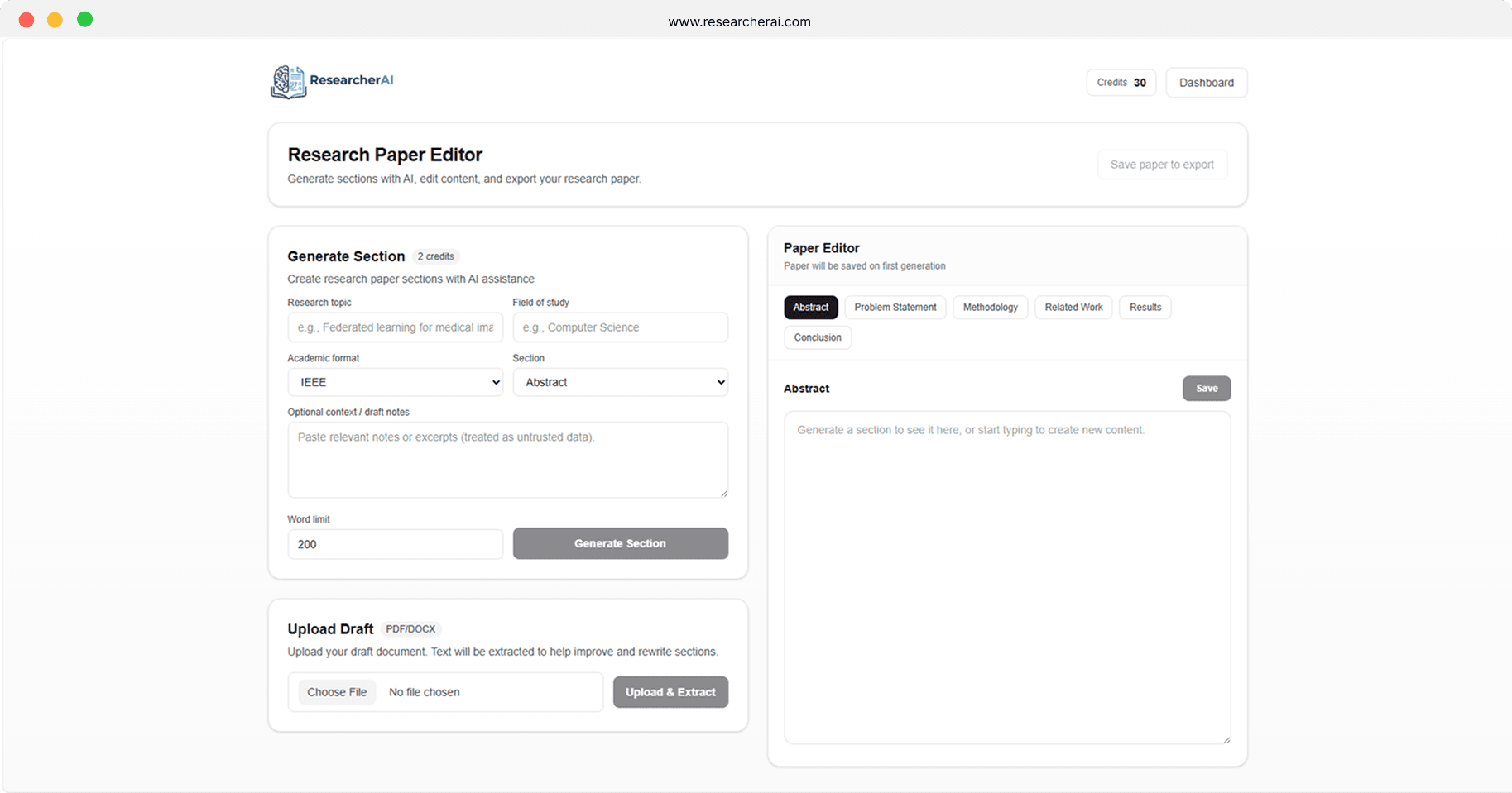 ResearcherAI research paper editor with a section generation form and tabs for abstract, methodology, results and conclusion