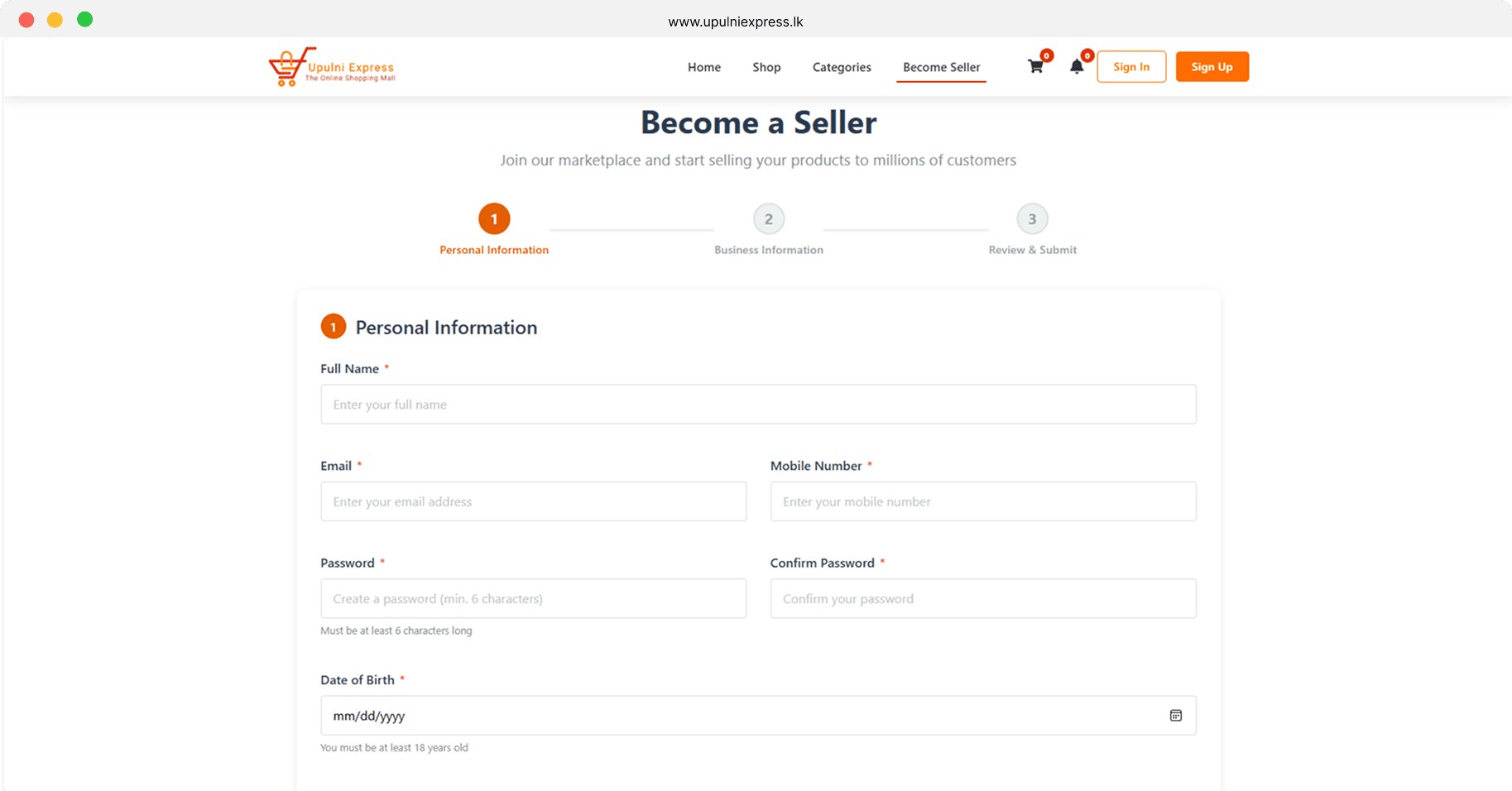 Upulni Express 'Become a Seller' page showing a three-step registration form starting with personal information