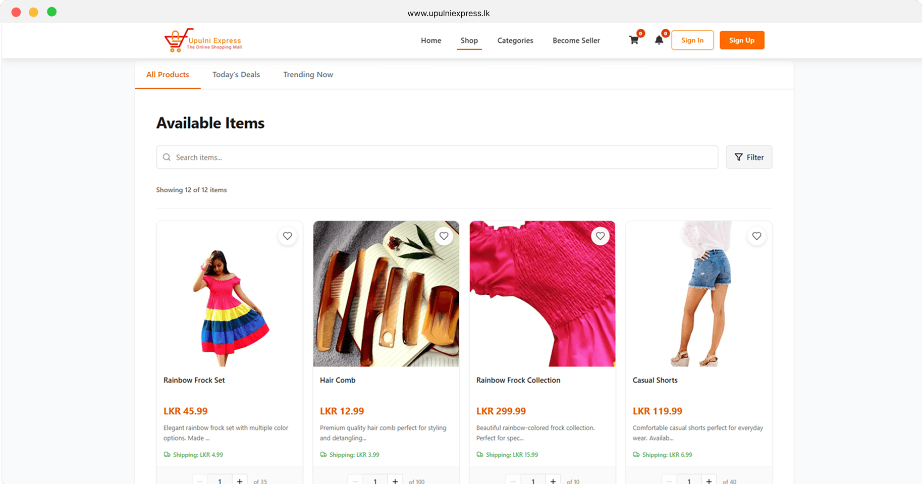 Upulni Express product listing with search, filter and product cards showing price and shipping
