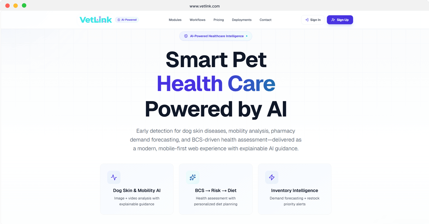 VetLink landing page: 'Smart Pet Health Care Powered by AI' with cards for skin and mobility AI, health assessment and inventory intelligence